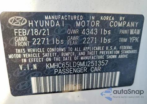 2021 Hyundai Ioniq Se z USA, uszkodzony, nr VIN KMHC65LD9MU251357